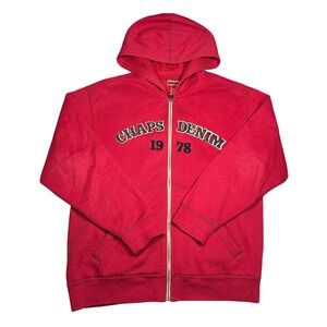 Y2K Chaps Denim Mens Red Full Zip Hoodie Sweatshirt Applique Logo 1978 Fleece‎